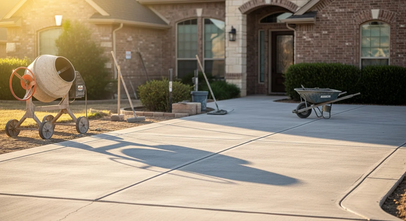 Concrete truck pouring fresh concrete on residential driveway in Midland Texas
