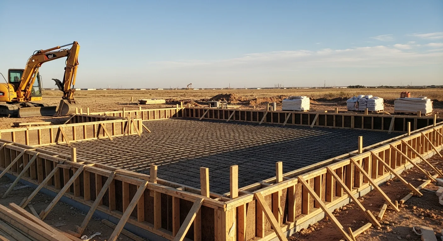 Excavation equipment preparing site for concrete foundation in Midland Texas