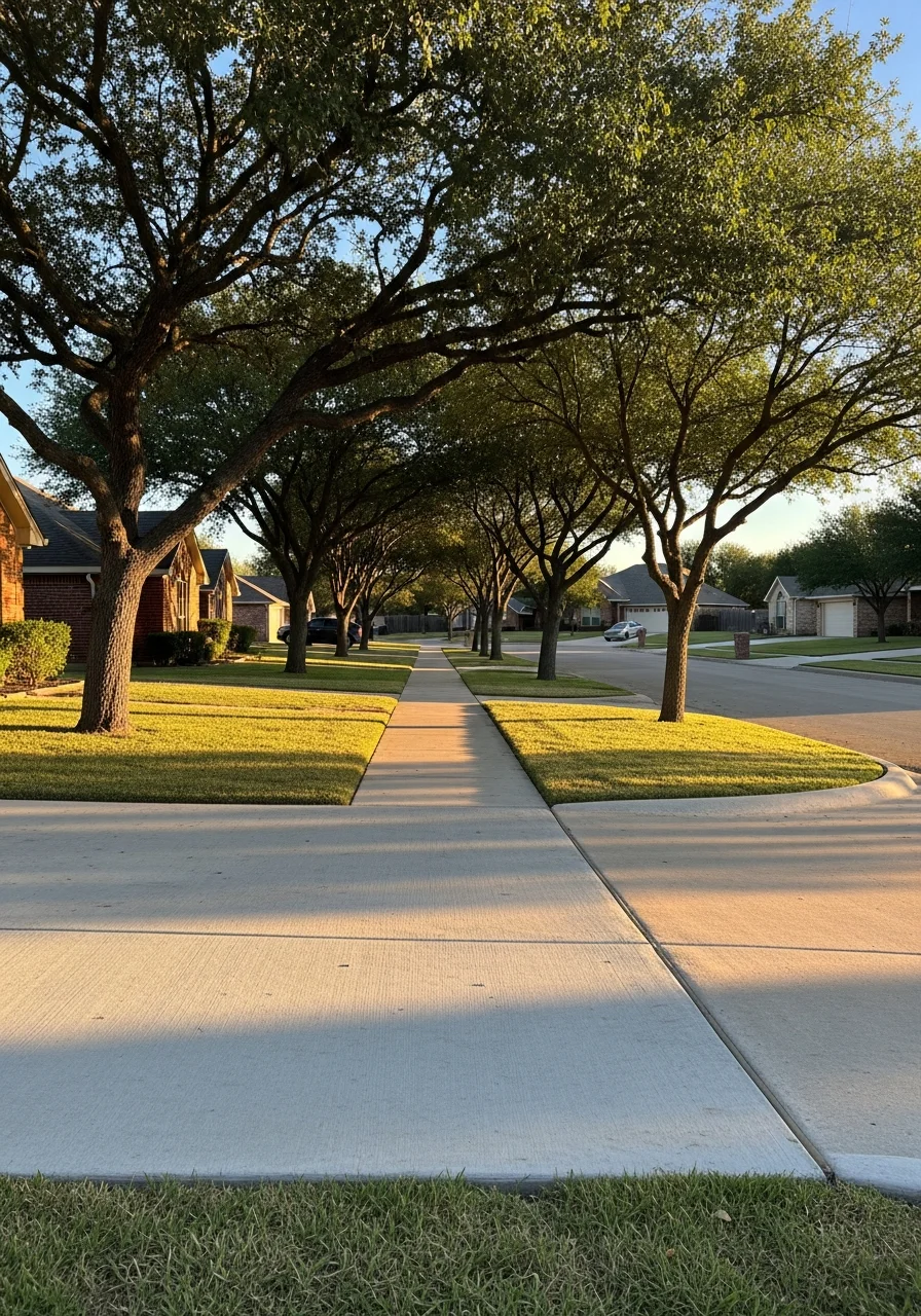 Residential neighborhood in Midland with single-family homes and mature trees lining the street.