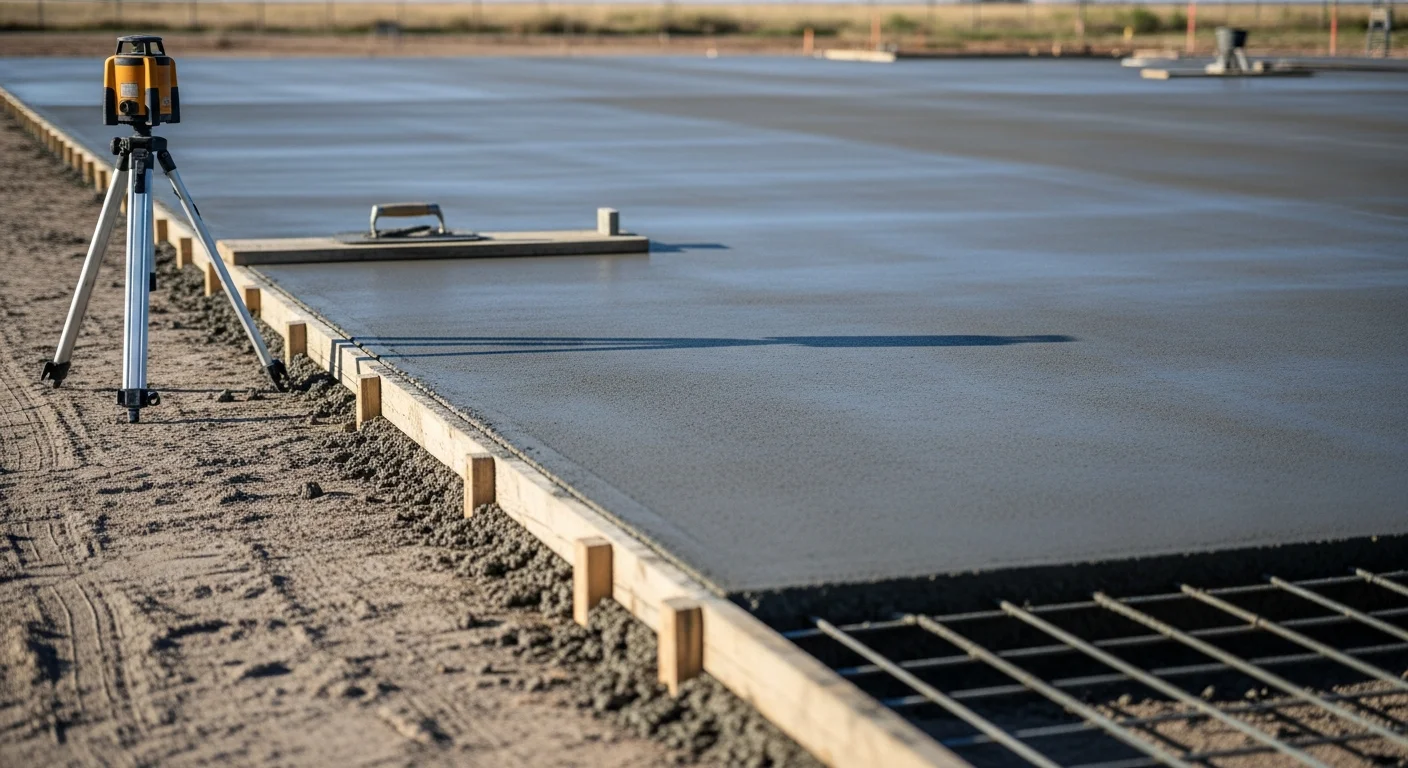 A freshly poured and finished commercial concrete slab at an industrial facility in Midland, TX, showing a flat, reinforced surface ready for warehouse use. Steel rebar edges are visible at the perimeter of the pour on a clear West Texas day.
