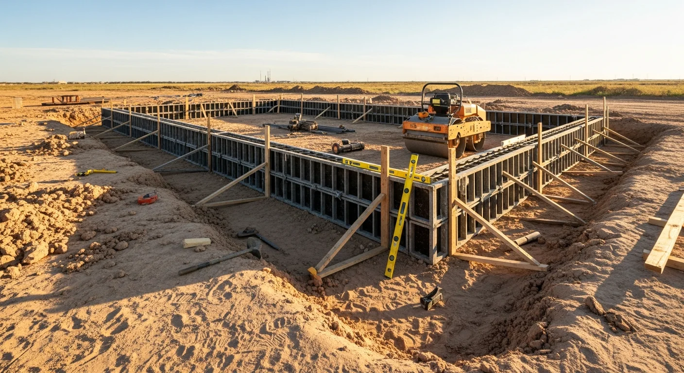 A freshly formed and poured commercial concrete foundation slab on a flat Midland, TX job site, with reinforcing steel visible and compacted caliche sub-base surrounding the perimeter. The wide West Texas sky and open lot reflect a typical Permian Basin commercial construction setting.