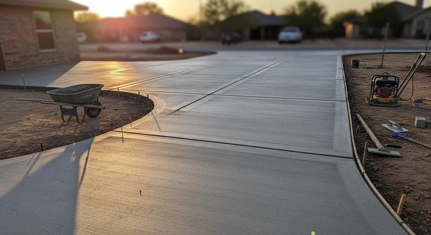 Freshly poured and finished concrete driveway at a single-family home in Midland, TX, with clean edges, visible control joints, and a smooth broom finish. The driveway connects to the garage and runs to the street curb on a residential lot.