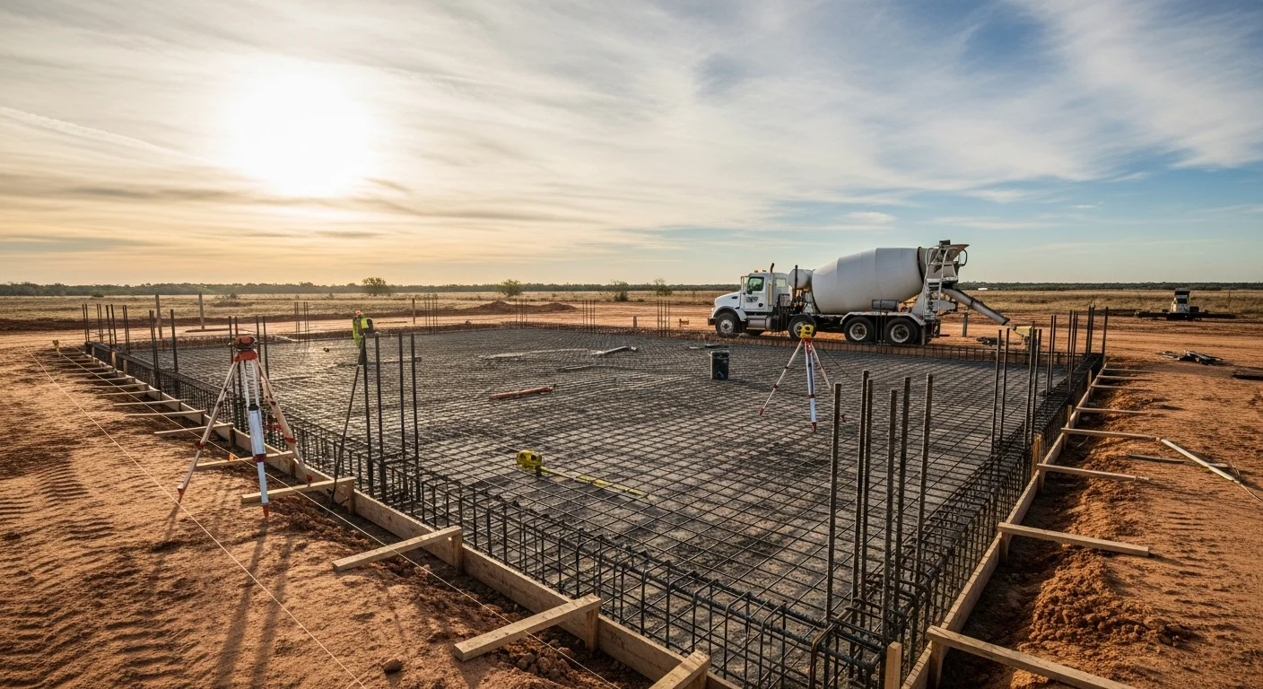 A freshly poured and finished concrete slab foundation at a residential construction site in Midland, TX, with steel rebar visible at the perimeter footings. The flat West Texas terrain and clear sky are visible in the background.