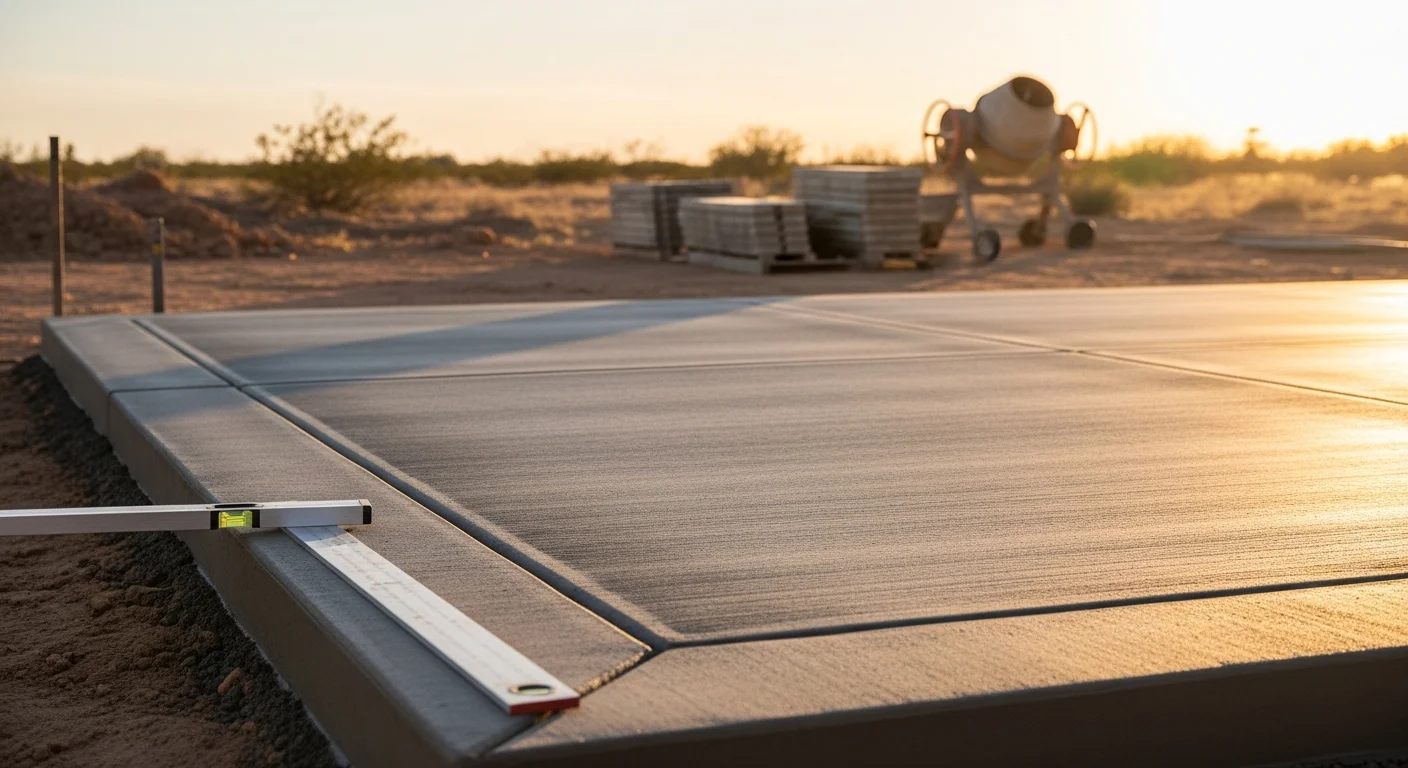 A freshly poured and broom-finished concrete patio behind a single-family home in Midland, TX, with clean edges and a slight slope away from the house. The flat West Texas landscape and clear sky are visible in the background.
