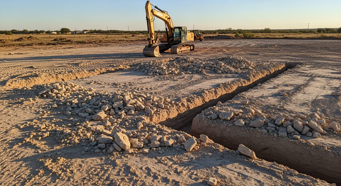 A tracked excavator breaking through caliche hardpan on a cleared residential building lot in Midland, TX. The site shows rough-graded soil with a level pad taking shape under a clear West Texas sky.