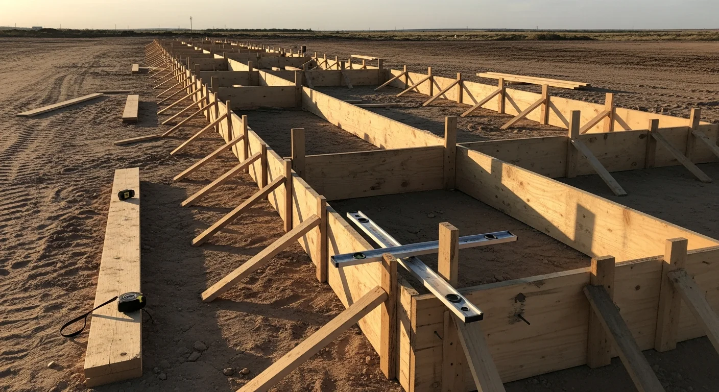 An excavation contractor crew setting and bracing concrete forms on a leveled building pad at a Midland, TX construction site. The forms are aligned along the footing layout with compacted Permian Basin subgrade visible beneath.