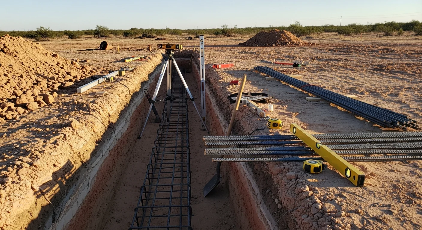 A freshly poured concrete slab foundation on a cleared construction site in Midland, TX, with graded soil and formwork visible around the perimeter. West Texas terrain and open sky visible in the background.