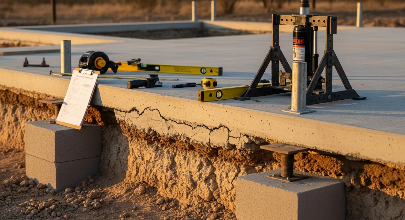 A foundation repair crew working on a residential slab in Midland, TX, with visible crack repair and pier installation along the home's perimeter. Dry West Texas soil and caliche layers are visible in the excavated area beside the foundation.