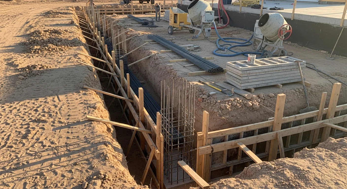 A newly poured reinforced concrete foundation at a residential property in Midland, TX, with fresh backfill along the perimeter and the home structure resting on the completed base. The surrounding West Texas terrain and caliche soil are visible at the edges of the excavation site.