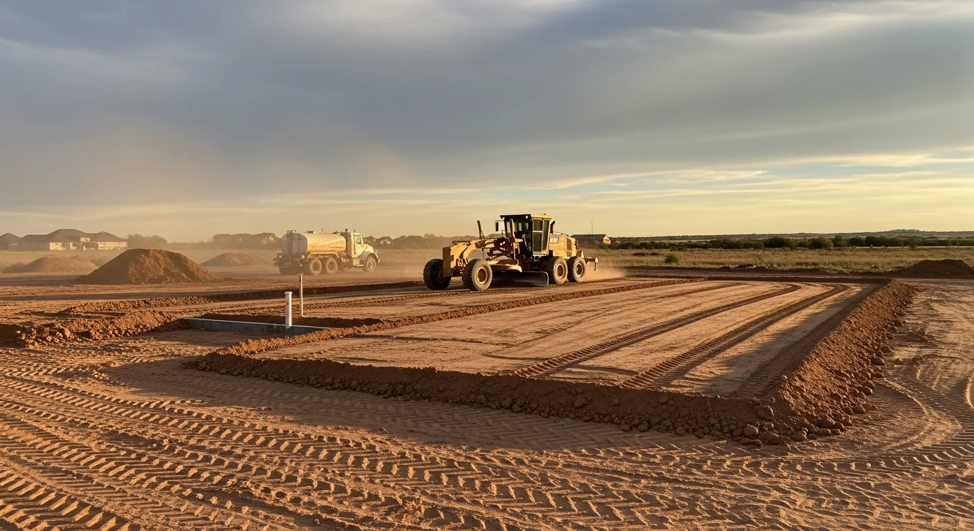 A graded and compacted dirt lot in Midland, TX showing a level building pad with sloped edges directing drainage away from the center. Heavy equipment tracks are visible across the smoothed caliche and clay soil surface.