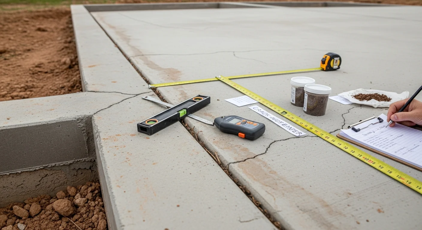 A Midland, TX residential slab foundation showing repaired crack lines and leveled concrete surface after professional foundation work. West Texas clay soil is visible along the exposed perimeter of the home's foundation.