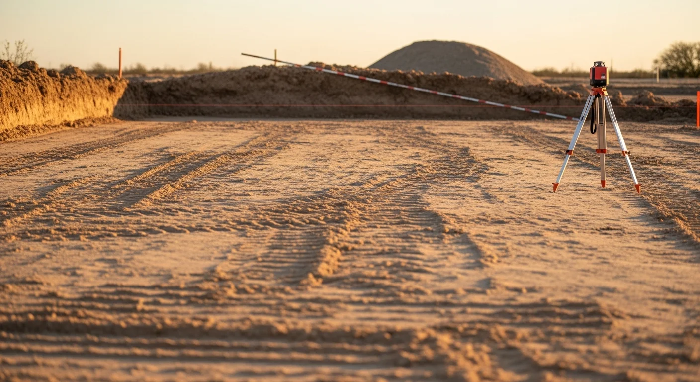 An excavation crew operating a grader on a flat, freshly leveled dirt lot in Midland, TX, with compacted caliche soil visible across the prepared building pad. The surrounding terrain shows the open, semi-arid landscape typical of Midland County.