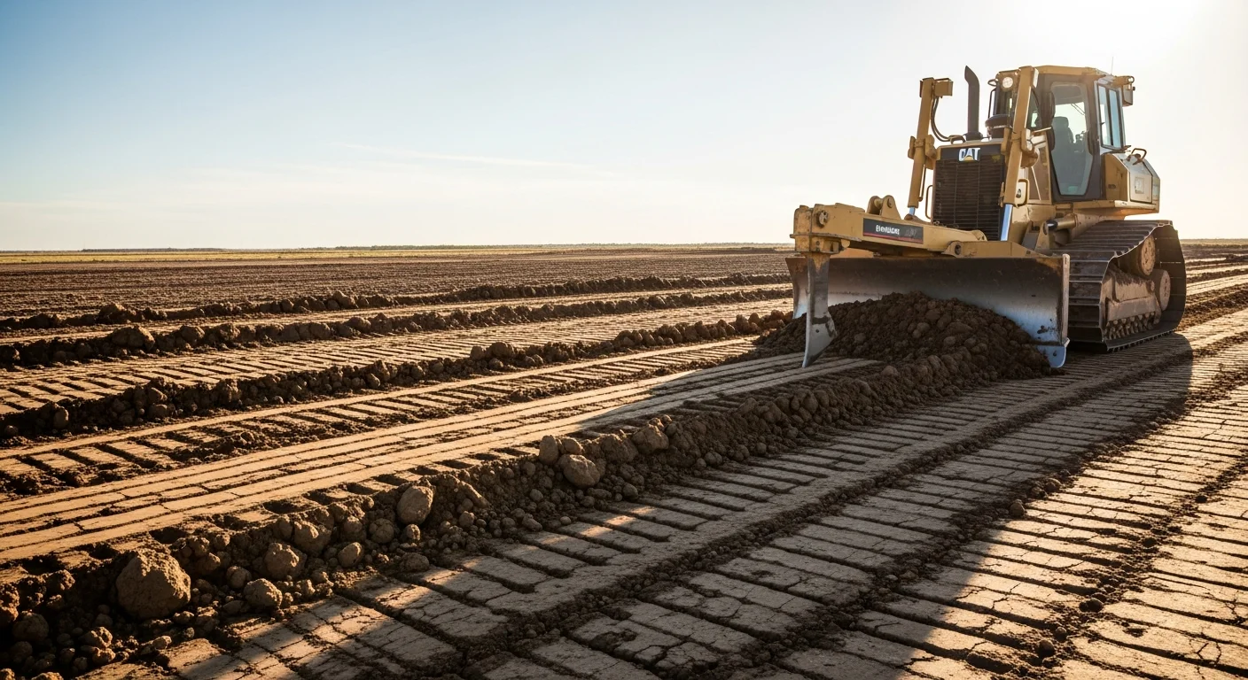 A graded and compacted building pad on a raw Midland, TX lot with cleared caliche soil and level ground ready for foundation work. Heavy excavation equipment is visible in the background on a West Texas construction site.